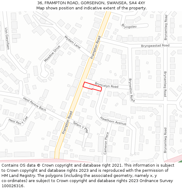 36, FRAMPTON ROAD, GORSEINON, SWANSEA, SA4 4XY: Location map and indicative extent of plot