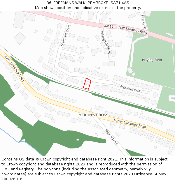 36, FREEMANS WALK, PEMBROKE, SA71 4AS: Location map and indicative extent of plot