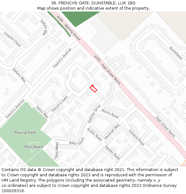 36, FRENCHS GATE, DUNSTABLE, LU6 1BQ: Location map and indicative extent of plot