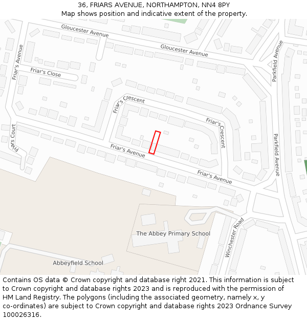 36, FRIARS AVENUE, NORTHAMPTON, NN4 8PY: Location map and indicative extent of plot