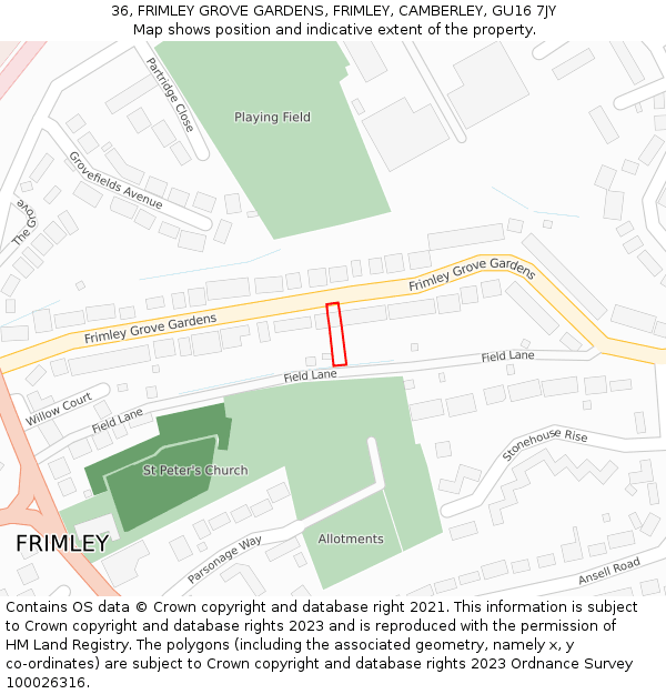 36, FRIMLEY GROVE GARDENS, FRIMLEY, CAMBERLEY, GU16 7JY: Location map and indicative extent of plot