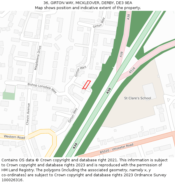 36, GIRTON WAY, MICKLEOVER, DERBY, DE3 9EA: Location map and indicative extent of plot