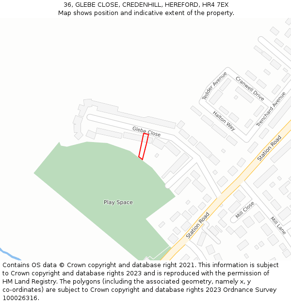 36, GLEBE CLOSE, CREDENHILL, HEREFORD, HR4 7EX: Location map and indicative extent of plot