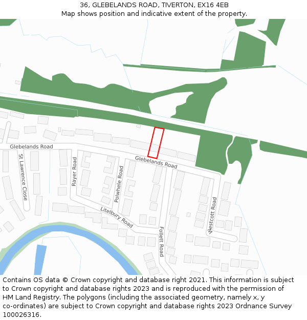 36, GLEBELANDS ROAD, TIVERTON, EX16 4EB: Location map and indicative extent of plot