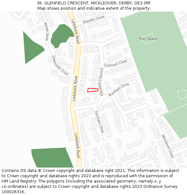 36, GLENFIELD CRESCENT, MICKLEOVER, DERBY, DE3 0RF: Location map and indicative extent of plot