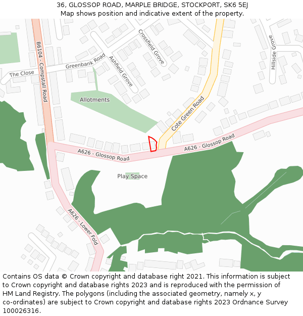 36, GLOSSOP ROAD, MARPLE BRIDGE, STOCKPORT, SK6 5EJ: Location map and indicative extent of plot