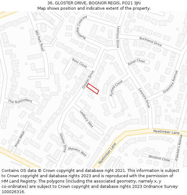 36, GLOSTER DRIVE, BOGNOR REGIS, PO21 3JN: Location map and indicative extent of plot