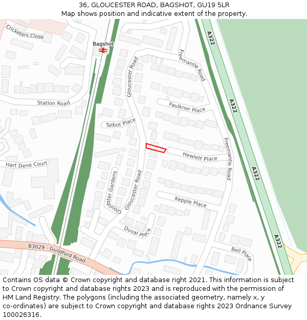 36, GLOUCESTER ROAD, BAGSHOT, GU19 5LR: Location map and indicative extent of plot