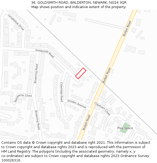 36, GOLDSMITH ROAD, BALDERTON, NEWARK, NG24 3QR: Location map and indicative extent of plot