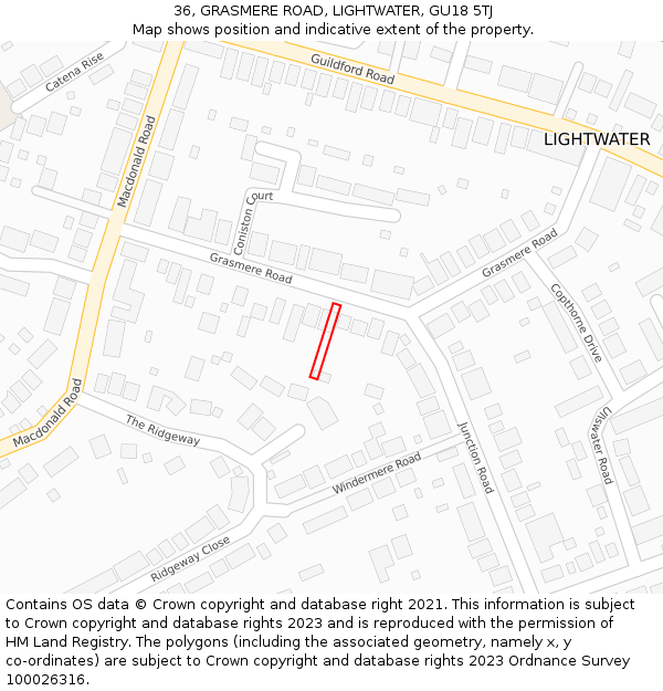 36, GRASMERE ROAD, LIGHTWATER, GU18 5TJ: Location map and indicative extent of plot