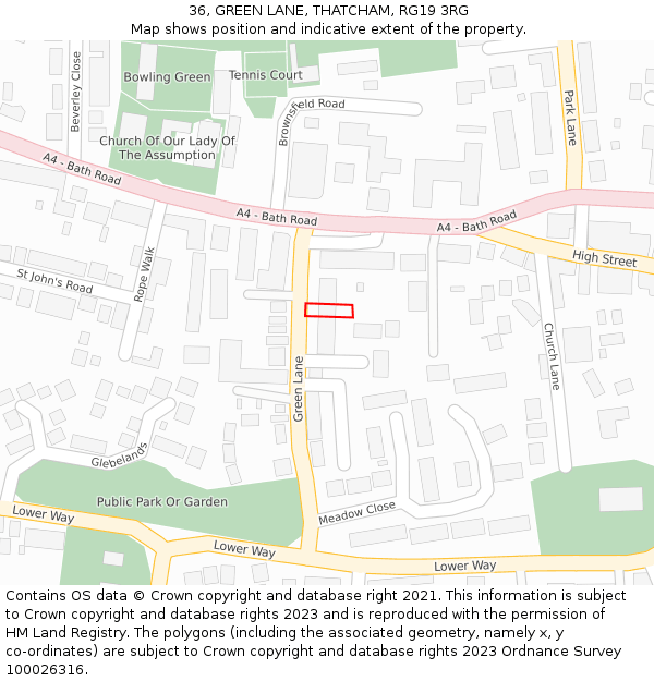 36, GREEN LANE, THATCHAM, RG19 3RG: Location map and indicative extent of plot