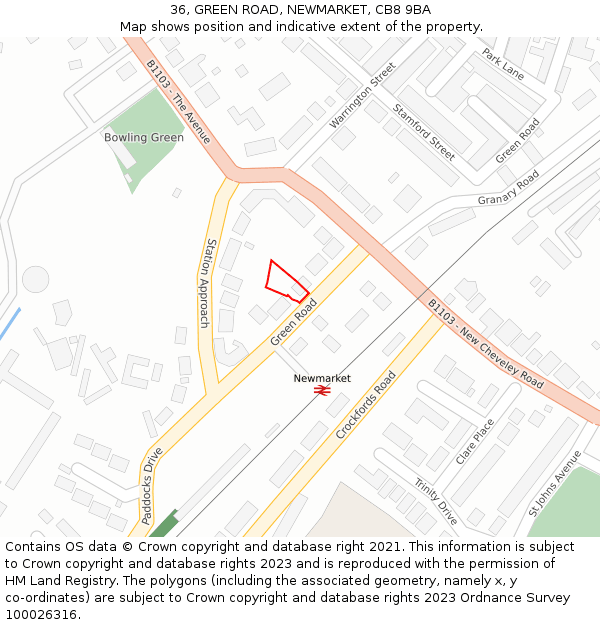 36, GREEN ROAD, NEWMARKET, CB8 9BA: Location map and indicative extent of plot