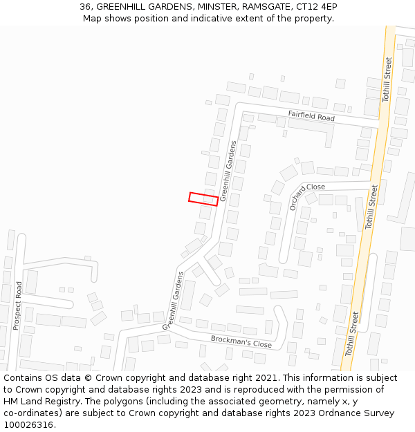 36, GREENHILL GARDENS, MINSTER, RAMSGATE, CT12 4EP: Location map and indicative extent of plot