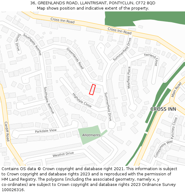 36, GREENLANDS ROAD, LLANTRISANT, PONTYCLUN, CF72 8QD: Location map and indicative extent of plot