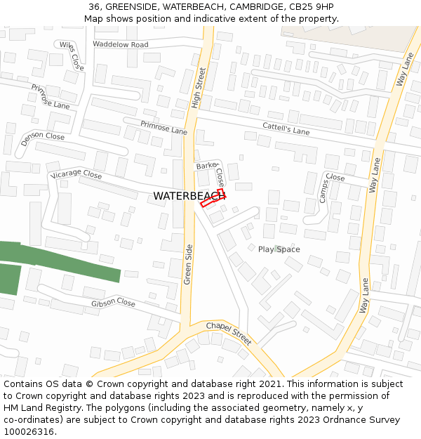 36, GREENSIDE, WATERBEACH, CAMBRIDGE, CB25 9HP: Location map and indicative extent of plot