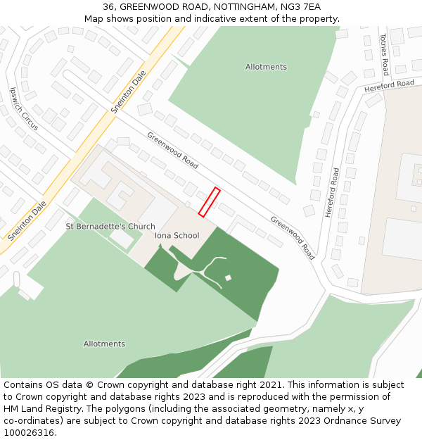 36, GREENWOOD ROAD, NOTTINGHAM, NG3 7EA: Location map and indicative extent of plot