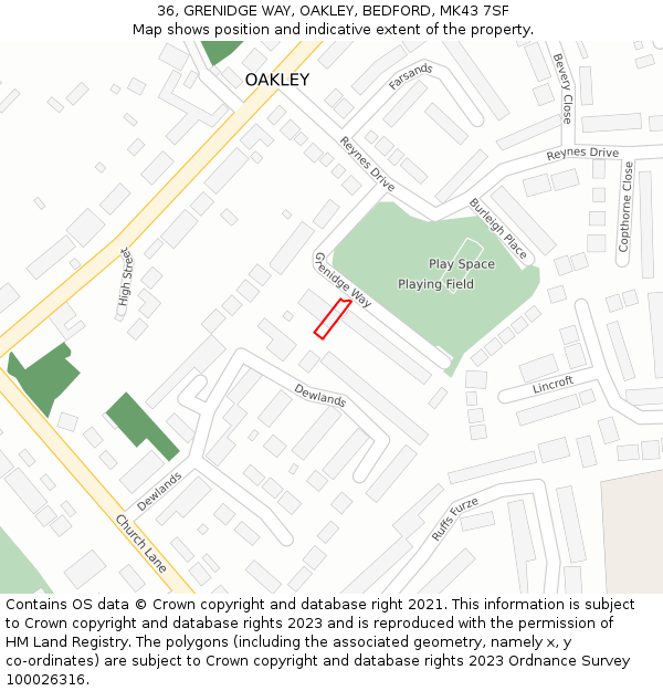 36, GRENIDGE WAY, OAKLEY, BEDFORD, MK43 7SF: Location map and indicative extent of plot