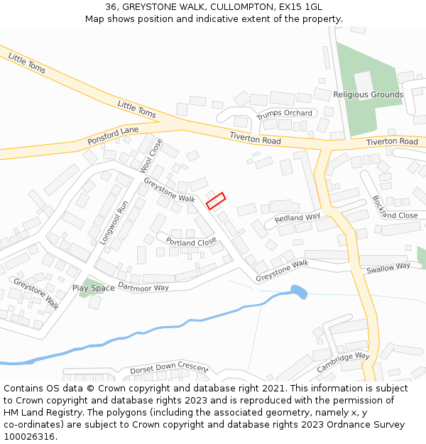 36, GREYSTONE WALK, CULLOMPTON, EX15 1GL: Location map and indicative extent of plot