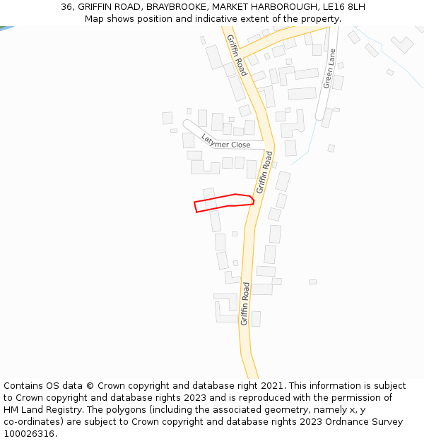 36, GRIFFIN ROAD, BRAYBROOKE, MARKET HARBOROUGH, LE16 8LH: Location map and indicative extent of plot