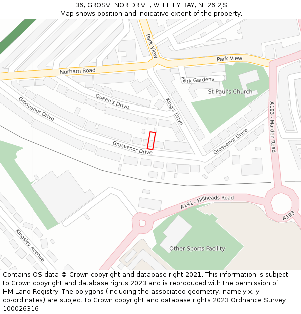 36, GROSVENOR DRIVE, WHITLEY BAY, NE26 2JS: Location map and indicative extent of plot