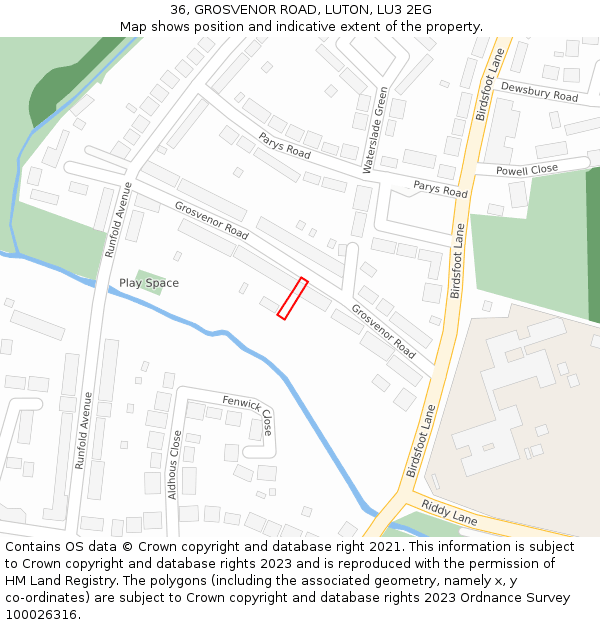 36, GROSVENOR ROAD, LUTON, LU3 2EG: Location map and indicative extent of plot
