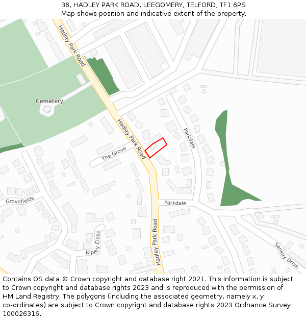 36, HADLEY PARK ROAD, LEEGOMERY, TELFORD, TF1 6PS: Location map and indicative extent of plot