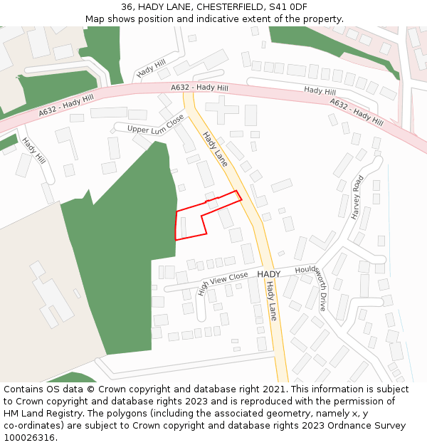 36, HADY LANE, CHESTERFIELD, S41 0DF: Location map and indicative extent of plot