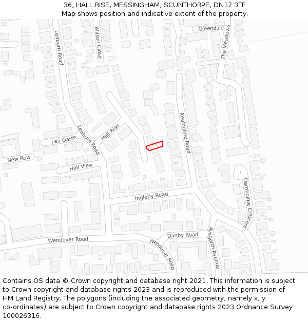 36, HALL RISE, MESSINGHAM, SCUNTHORPE, DN17 3TF: Location map and indicative extent of plot