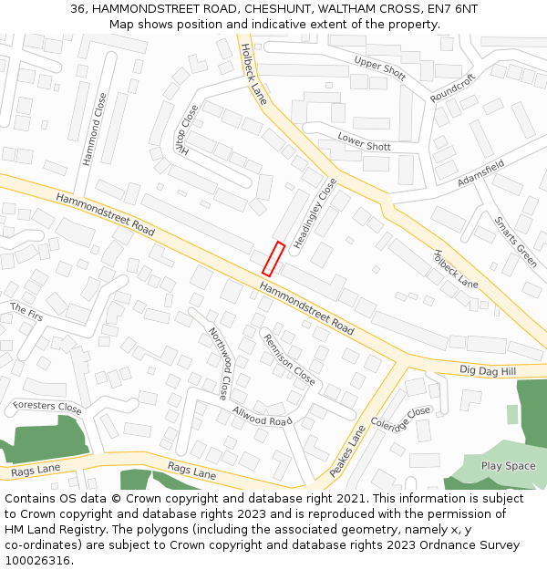 36, HAMMONDSTREET ROAD, CHESHUNT, WALTHAM CROSS, EN7 6NT: Location map and indicative extent of plot