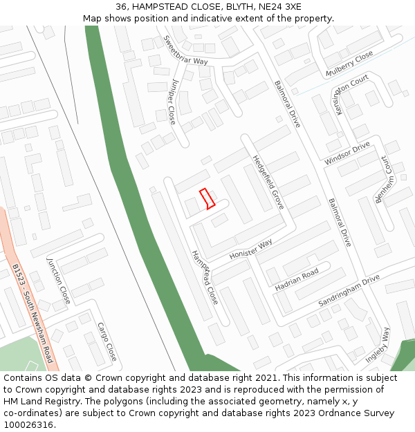 36, HAMPSTEAD CLOSE, BLYTH, NE24 3XE: Location map and indicative extent of plot