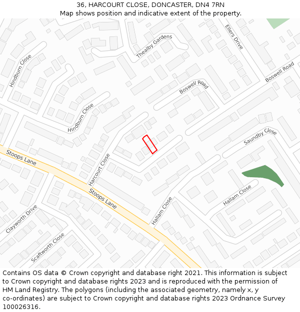 36, HARCOURT CLOSE, DONCASTER, DN4 7RN: Location map and indicative extent of plot
