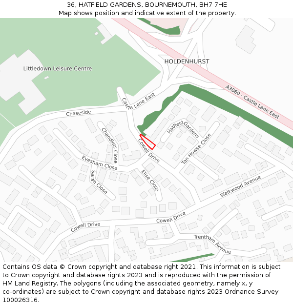 36, HATFIELD GARDENS, BOURNEMOUTH, BH7 7HE: Location map and indicative extent of plot