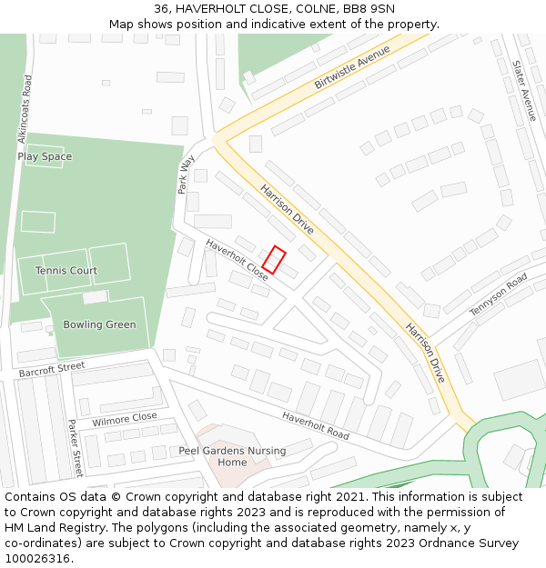 36, HAVERHOLT CLOSE, COLNE, BB8 9SN: Location map and indicative extent of plot