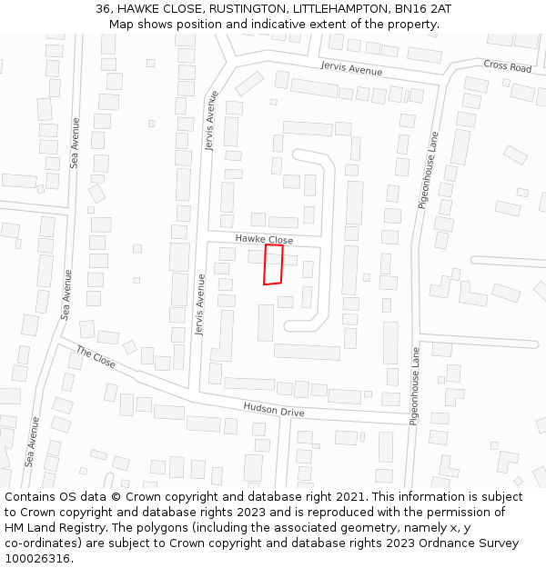 36, HAWKE CLOSE, RUSTINGTON, LITTLEHAMPTON, BN16 2AT: Location map and indicative extent of plot