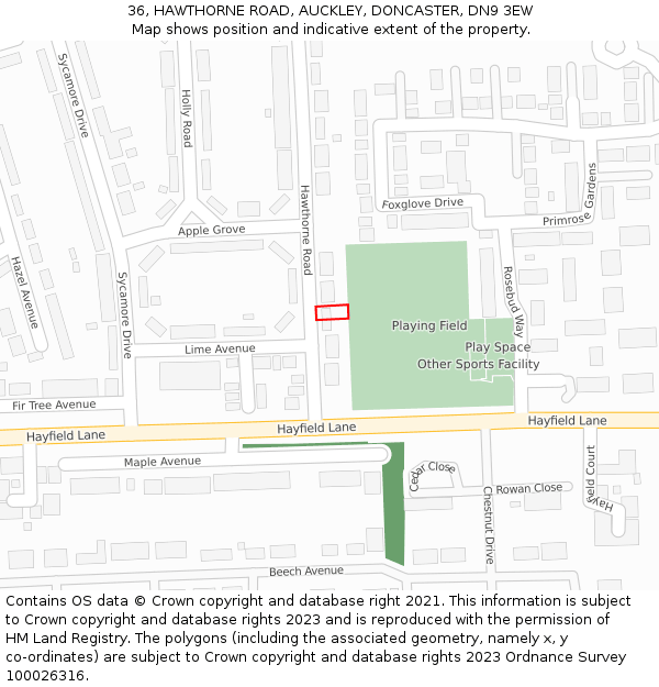 36, HAWTHORNE ROAD, AUCKLEY, DONCASTER, DN9 3EW: Location map and indicative extent of plot