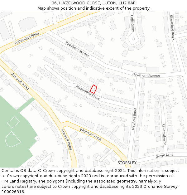 36, HAZELWOOD CLOSE, LUTON, LU2 8AR: Location map and indicative extent of plot