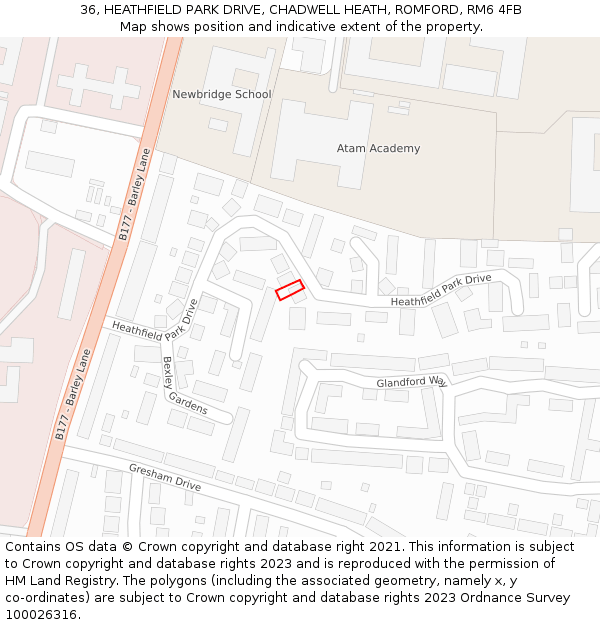 36, HEATHFIELD PARK DRIVE, CHADWELL HEATH, ROMFORD, RM6 4FB: Location map and indicative extent of plot