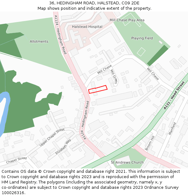 36, HEDINGHAM ROAD, HALSTEAD, CO9 2DE: Location map and indicative extent of plot