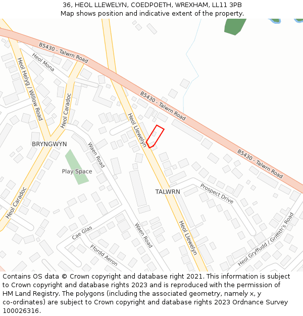 36, HEOL LLEWELYN, COEDPOETH, WREXHAM, LL11 3PB: Location map and indicative extent of plot