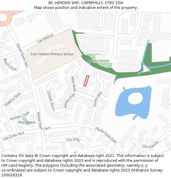 36, HERONS WAY, CAERPHILLY, CF83 1SW: Location map and indicative extent of plot