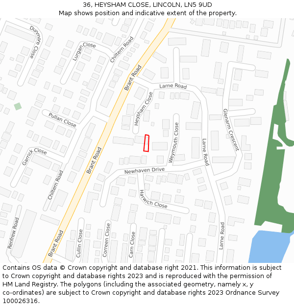 36, HEYSHAM CLOSE, LINCOLN, LN5 9UD: Location map and indicative extent of plot