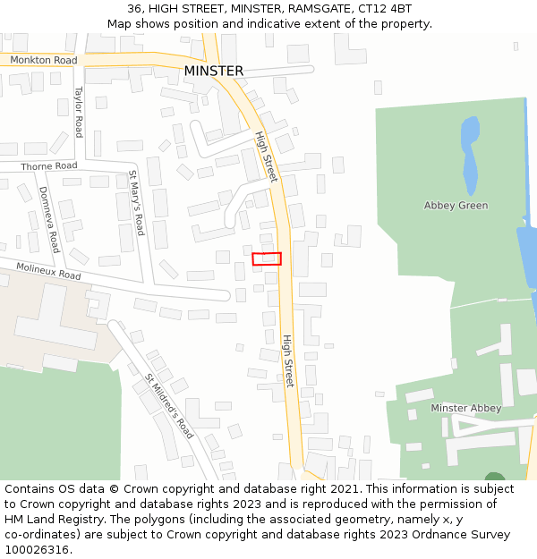 36, HIGH STREET, MINSTER, RAMSGATE, CT12 4BT: Location map and indicative extent of plot