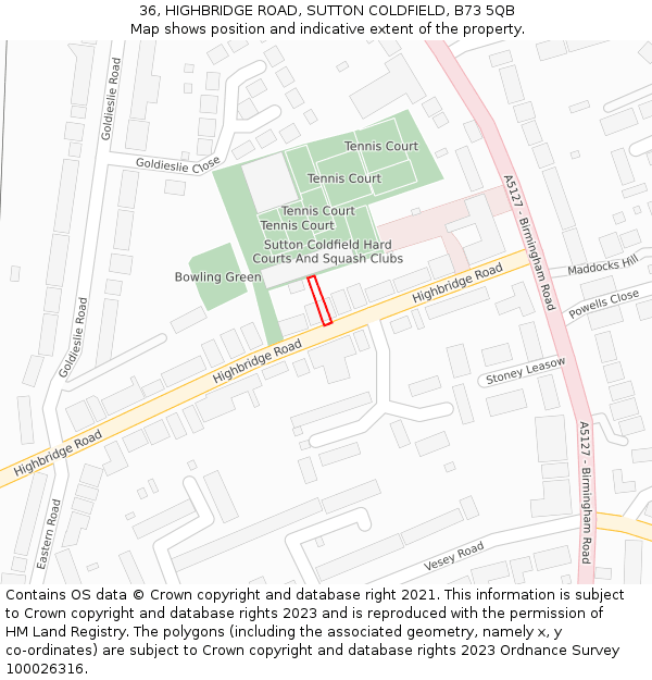 36, HIGHBRIDGE ROAD, SUTTON COLDFIELD, B73 5QB: Location map and indicative extent of plot