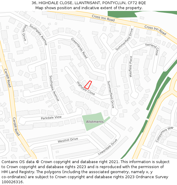 36, HIGHDALE CLOSE, LLANTRISANT, PONTYCLUN, CF72 8QE: Location map and indicative extent of plot