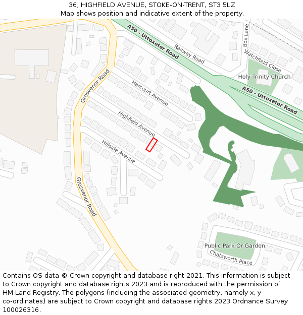 36, HIGHFIELD AVENUE, STOKE-ON-TRENT, ST3 5LZ: Location map and indicative extent of plot