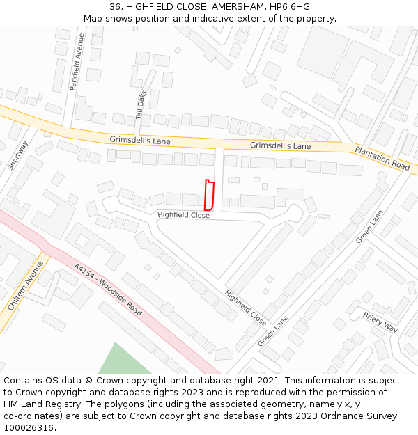 36, HIGHFIELD CLOSE, AMERSHAM, HP6 6HG: Location map and indicative extent of plot