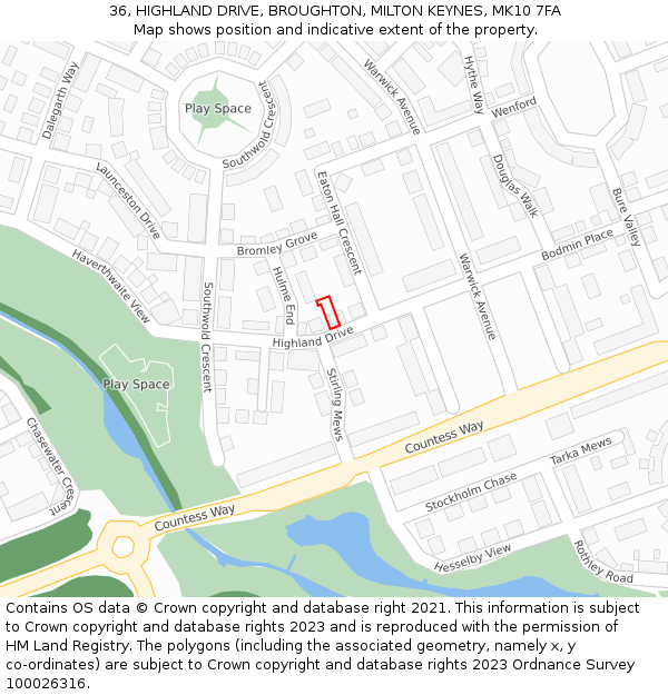 36, HIGHLAND DRIVE, BROUGHTON, MILTON KEYNES, MK10 7FA: Location map and indicative extent of plot