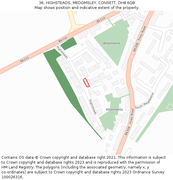 36, HIGHSTEADS, MEDOMSLEY, CONSETT, DH8 6QB: Location map and indicative extent of plot