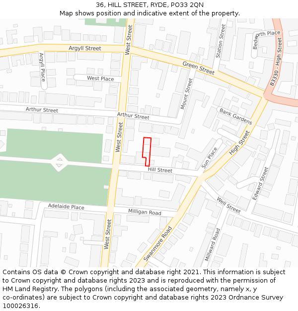 36, HILL STREET, RYDE, PO33 2QN: Location map and indicative extent of plot