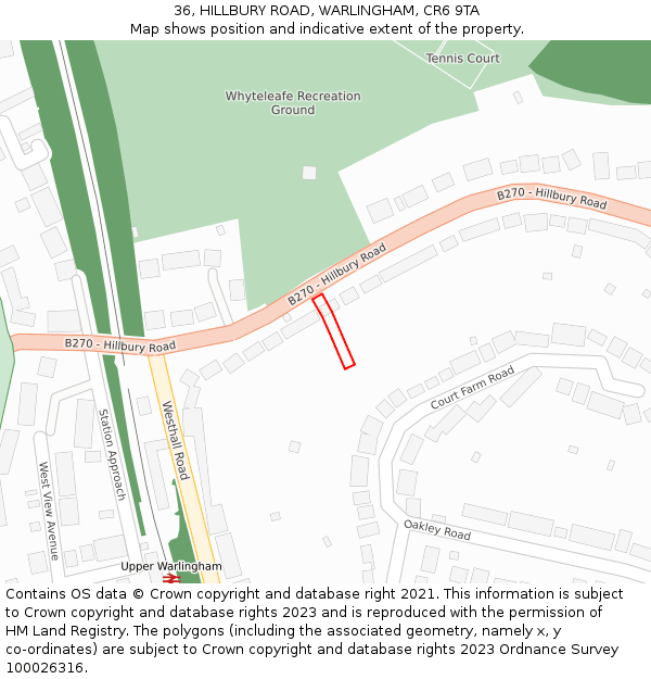 36, HILLBURY ROAD, WARLINGHAM, CR6 9TA: Location map and indicative extent of plot